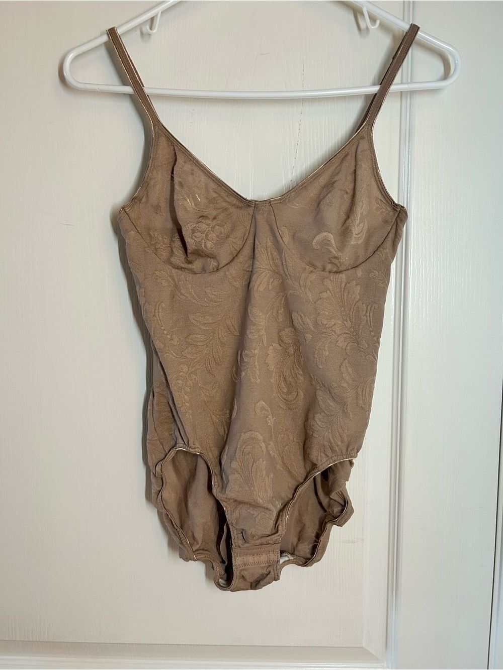 Olga Shaping Bodysuit 36B Nude Brown Sheer Tapestry Mesh Underwire